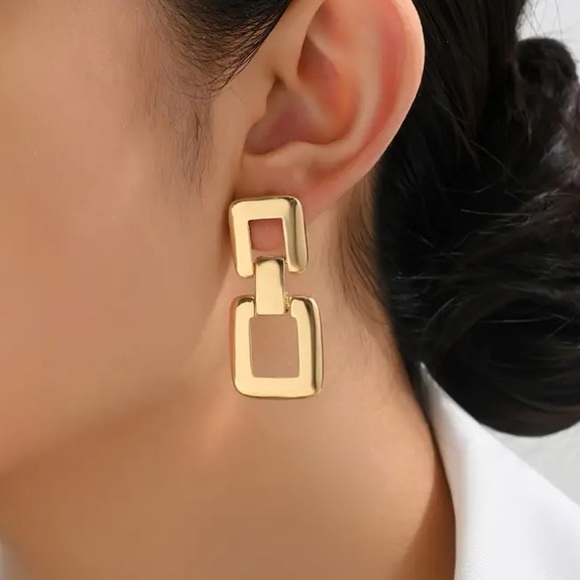 Gold Toned Modern Sleek Geometric Stud Earrings - Picture 2 of 2